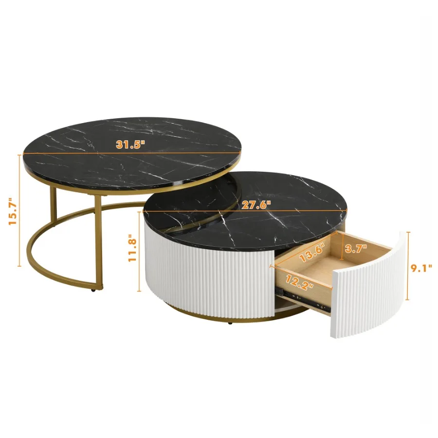 Modern Round Nesting Coffee Table Fluted with Drawer in Black & Gold in 31.5''  WL image 6