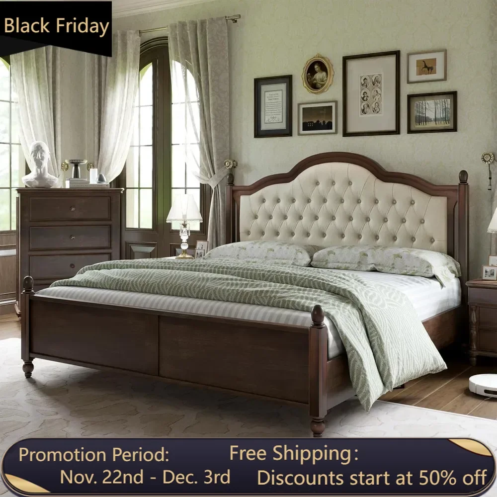 

Solid Wood Bed Frame Queen Size, Transitional Platform Bed with 52.5" Upholstered Tufted Headboard, Rubberwood/Roman Column