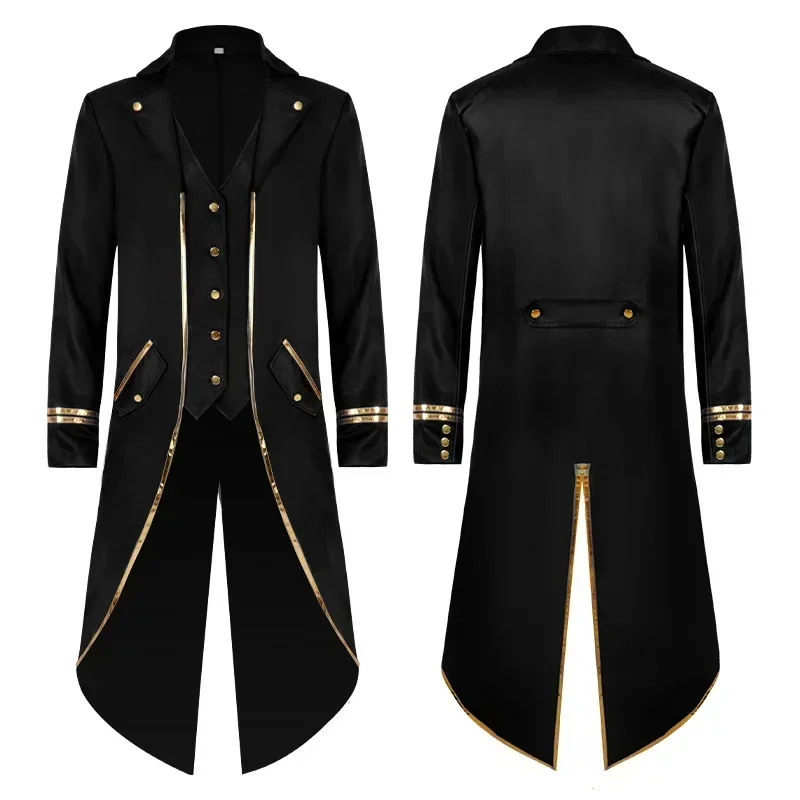 Men's Retro Medieval Renaissance Steampunk Gothic Jacket Victorian Style Gold Trim Tuxedo Adult Cosplay Stage Performance Outfit