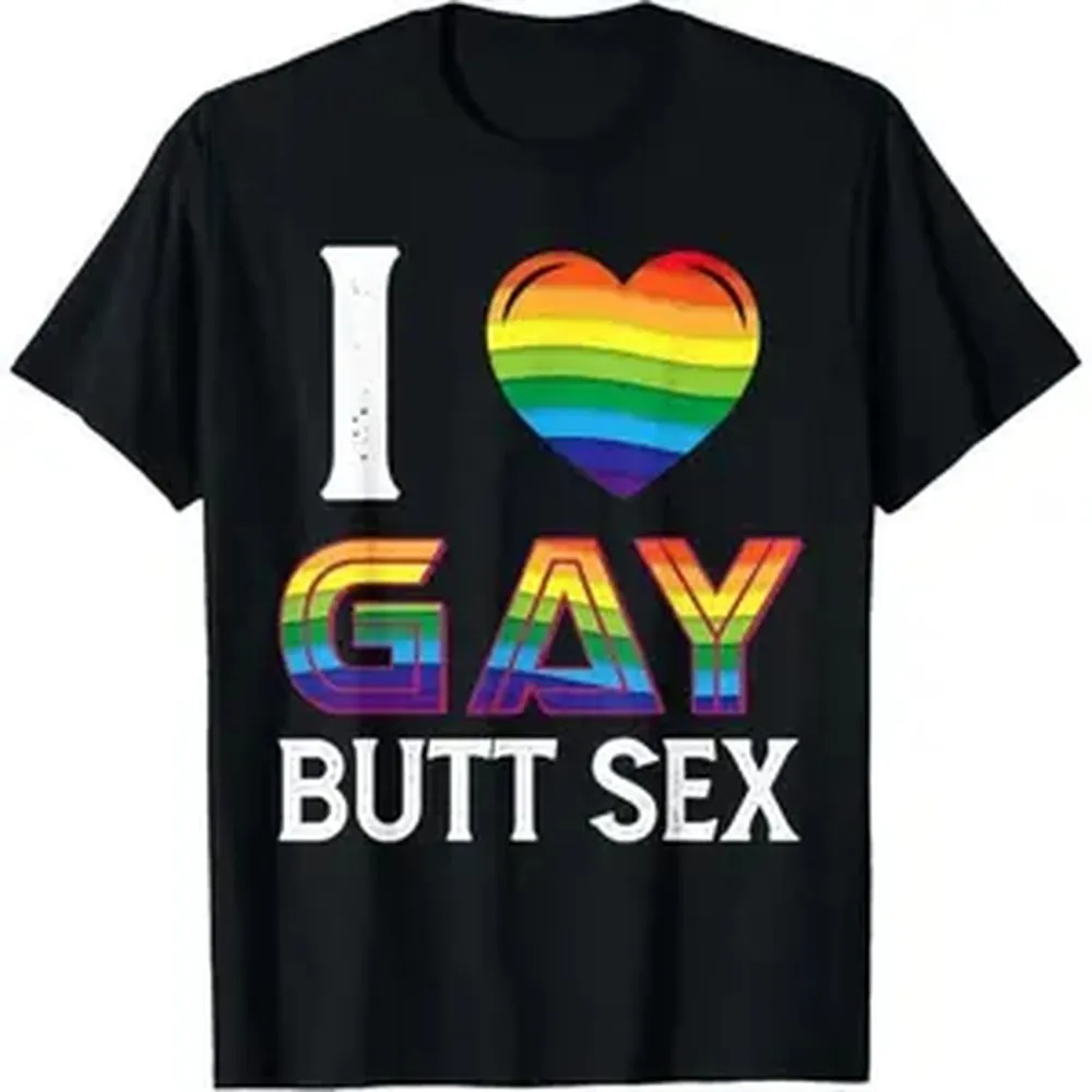 Men's Funny Meme T-Shirt with 'I Love Gay Butt Sex' Rainbow Heart Graphic, Soft 100% Cotton Crew Neck Short-Sleeve Casual Top