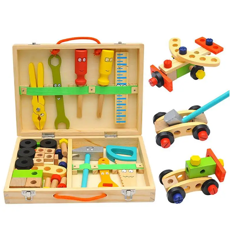 Pädagogisches Montessori Kinder Spielzeug Holz Toolbox Pretend Spielen Set Kinder Mutter Schraube Montage Simulation Schreiner Werkzeug Puzzle