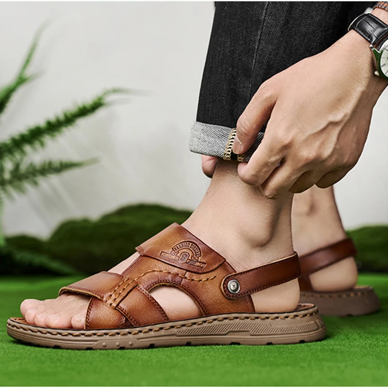 Summer Men\'s Leather Sandals Outdoor Non-slip Men\'s Beach Sandals Handmade Leather Men\'s Shoes Fashion Men Flip-flops