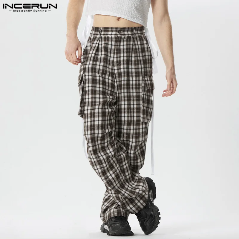 INCERUN-Pantalones largos de estilo americano para hombre, pantalón informal, a cuadros, con bolsillos, S-5XL, 2024