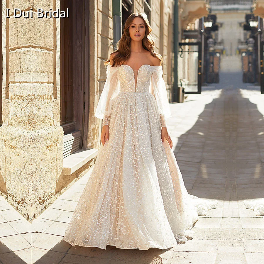 

Lantern Sleeve Off Shoulder Wedding Dress With Luxury Beaded Lace Plunging Neckline New Bridal Gown