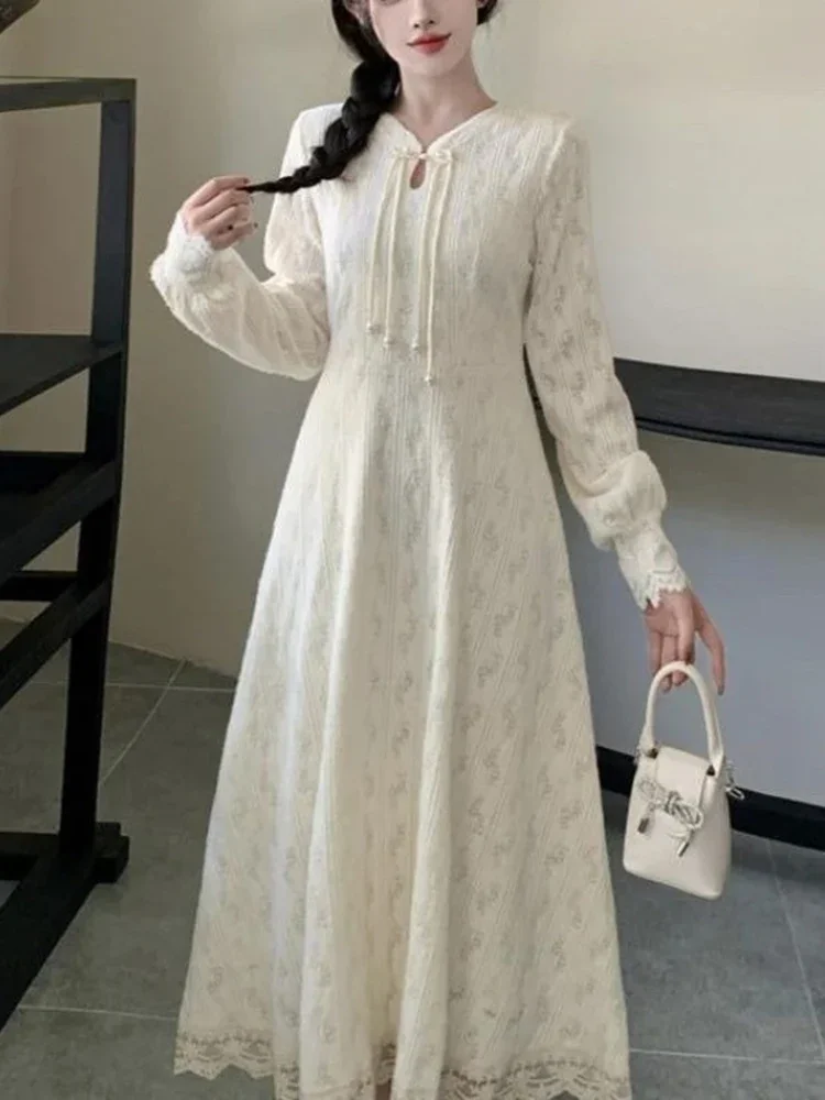 중국 스타일 롱 드레스 가을 겨울 솔리드 화이트 우아한 여성 드레스 패션 빈티지 스위트 베스티도스 무헤르