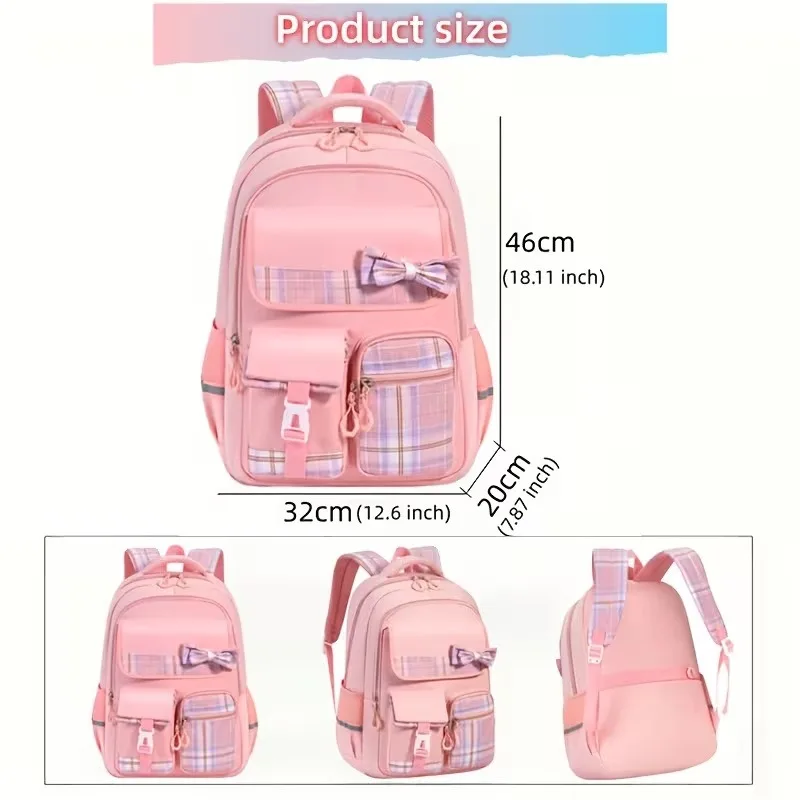 3pcs/set School Backpack for Girls Bookbag Elementary Middle School Bags Student Cute Plaid Backpack with Lunch Bag Pencil Bag