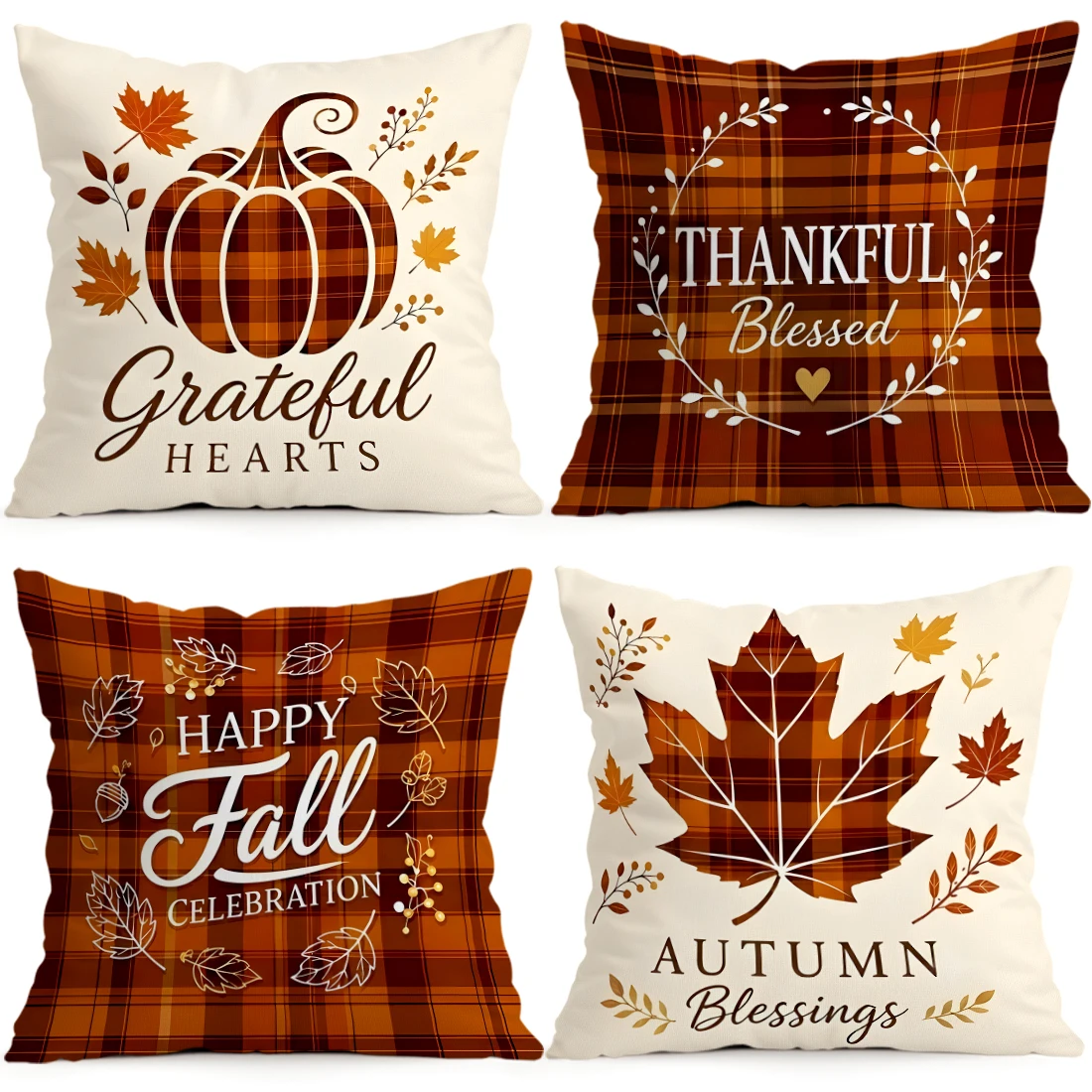 Autumn Plaid Pumpkin Maple Leaves Cushions Pillowcase Polyester Cushion Cover Throw Pillow Pillowcover Home Car Sofa Decor