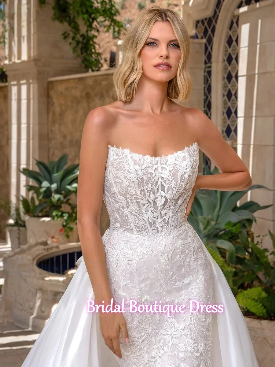 Personalizado requintado sereia vestidos de casamento para mulher noiva trem destacável sem alças renda applique vestido de baile de casamento trem
