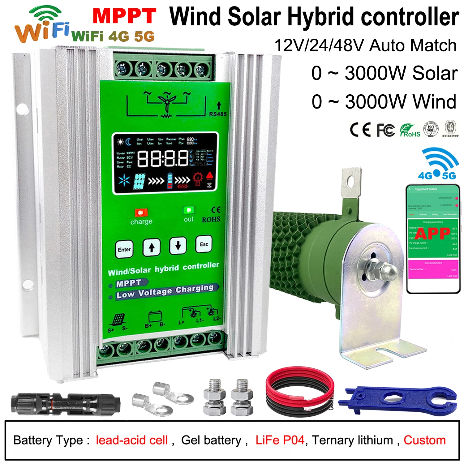 12V 24V 48V 6000W Built-in WiFi Hybrid Wind Energy Solar Charging Controller MPPT Wind System Lifepo4 Lithium Lead Acid Battery