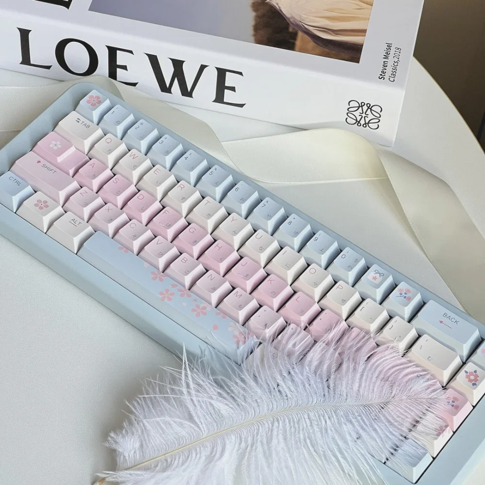 Imagem -05 - Teclado Mecânico Japonês Keycaps Rosa Azul Contraste Branco Pbt Cereja Fresco Simples Personalizado Bonito Japonês