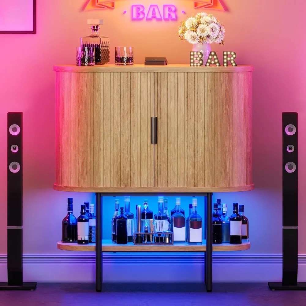 

Bar Cabinet with LED Lights, Oval-Shaped Wine Bar Table with 2 Glass Holders, 4 Wine Racks, Open Shelf, Fluted Coffee Bar Liquo