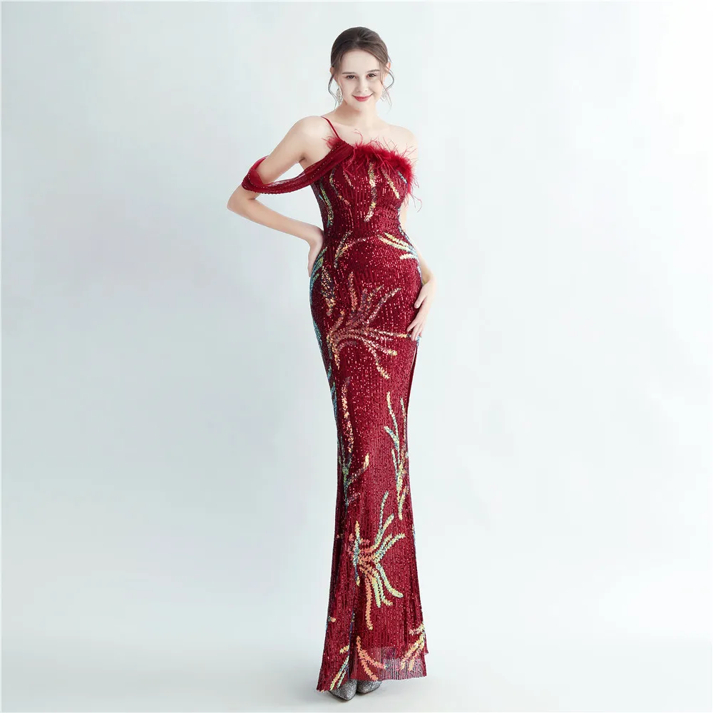 

Customized Elegent One Shoulder High Side Slit Sequins Evening Dress Beads Feather Party Maxi Dress