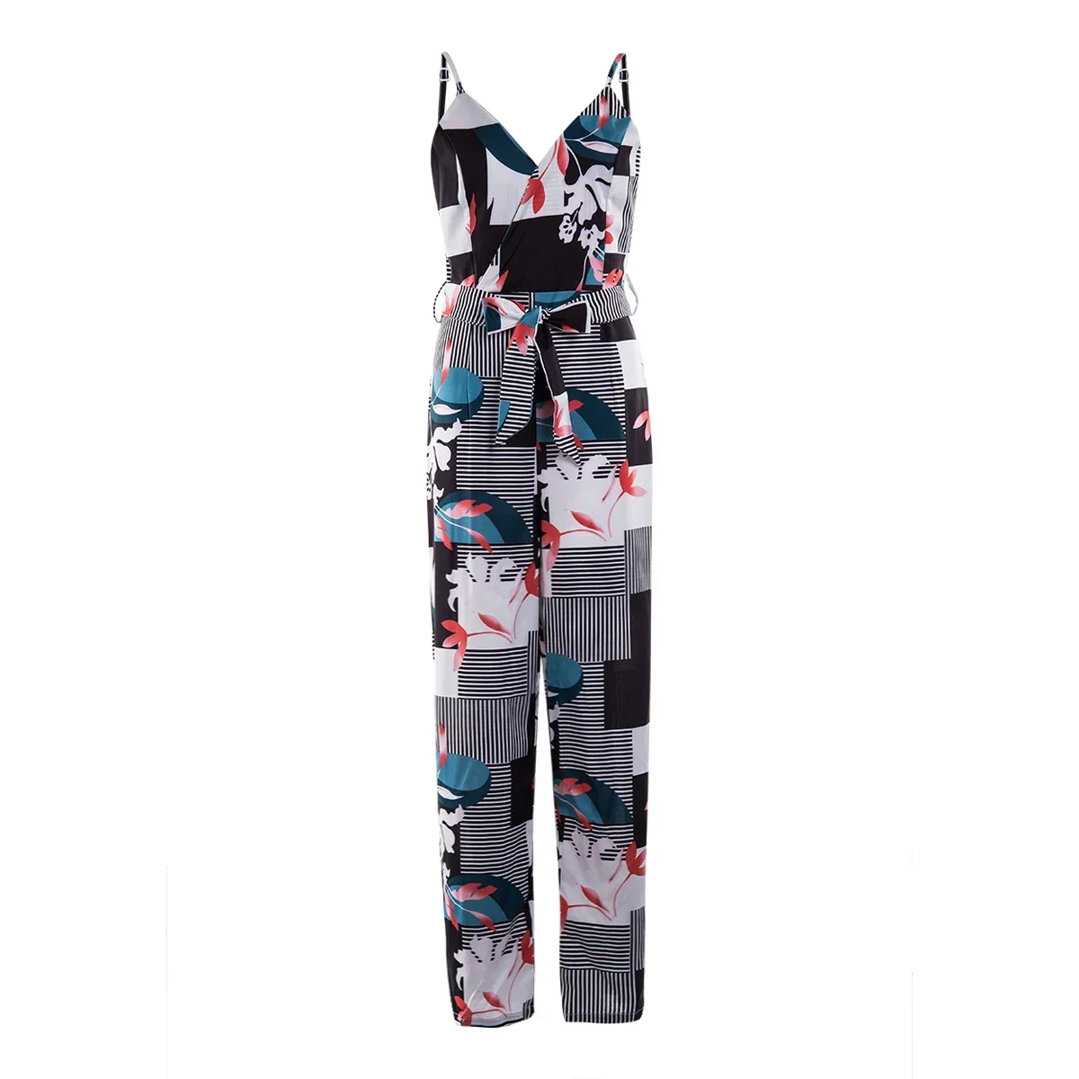 Women Wide Leg Long Pants Jumpsuit Floral Printed Sling V-Neck Low Chest Loose Romper Long Jumpsuit Back Zipper Up Summer