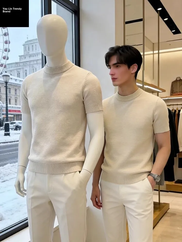 

American Sle Slim Fit Knitted ort Sve Men's T-irt Inner Wear Sweater Breathable Polyester Fiber Casual round Ne