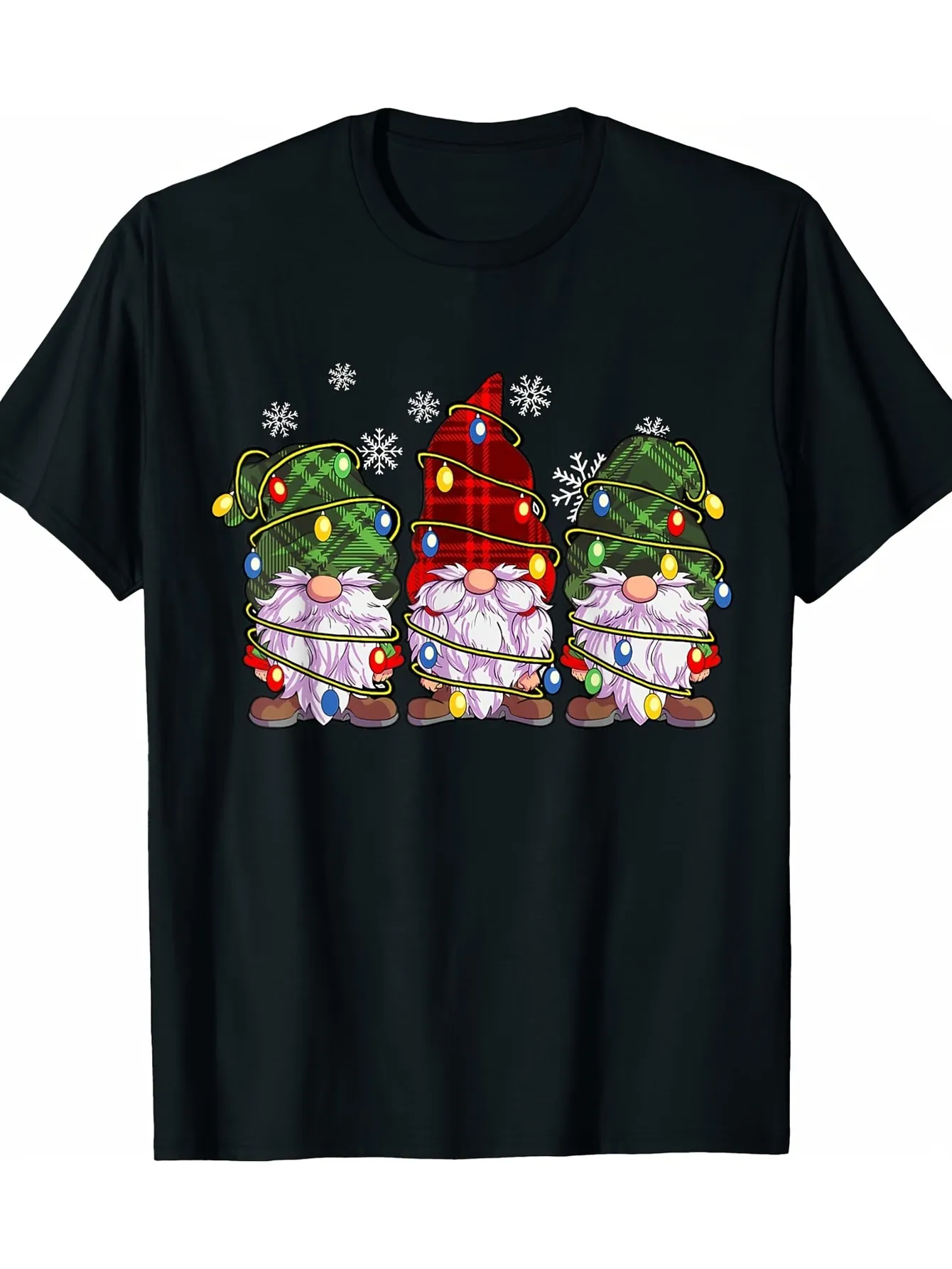 

Women's Christmas T-Shirt Shirt with Three Buffalo Plaid Gnomes in Red Hats Parttern Printed Women Summer Tshirt Clothing