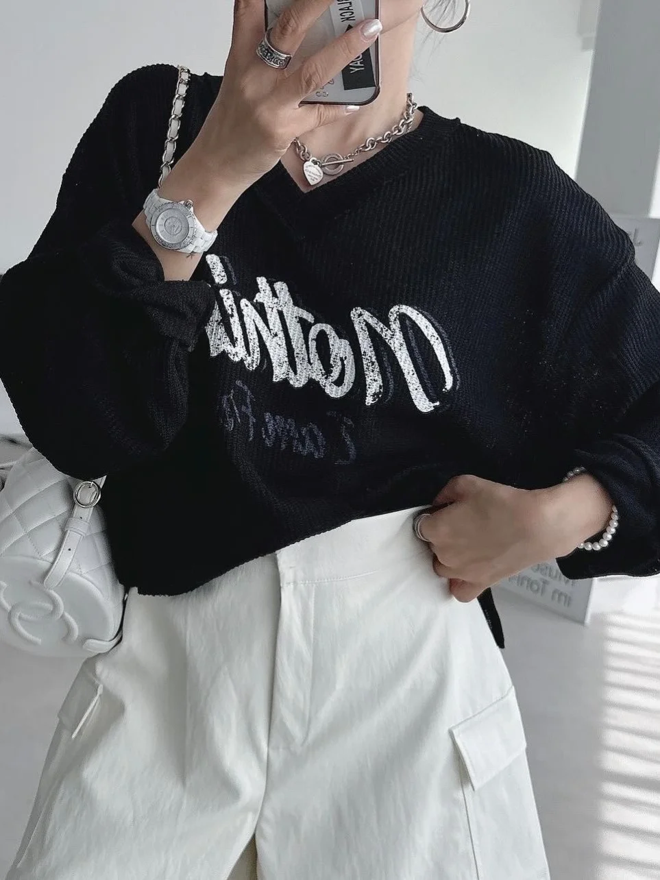 

Шикарный винтажный свободный крой с v-образным вырезом, длинный вязаный свитер с буквенным принтом свека для женщин, повседневный сезонный свитер на весну и осень