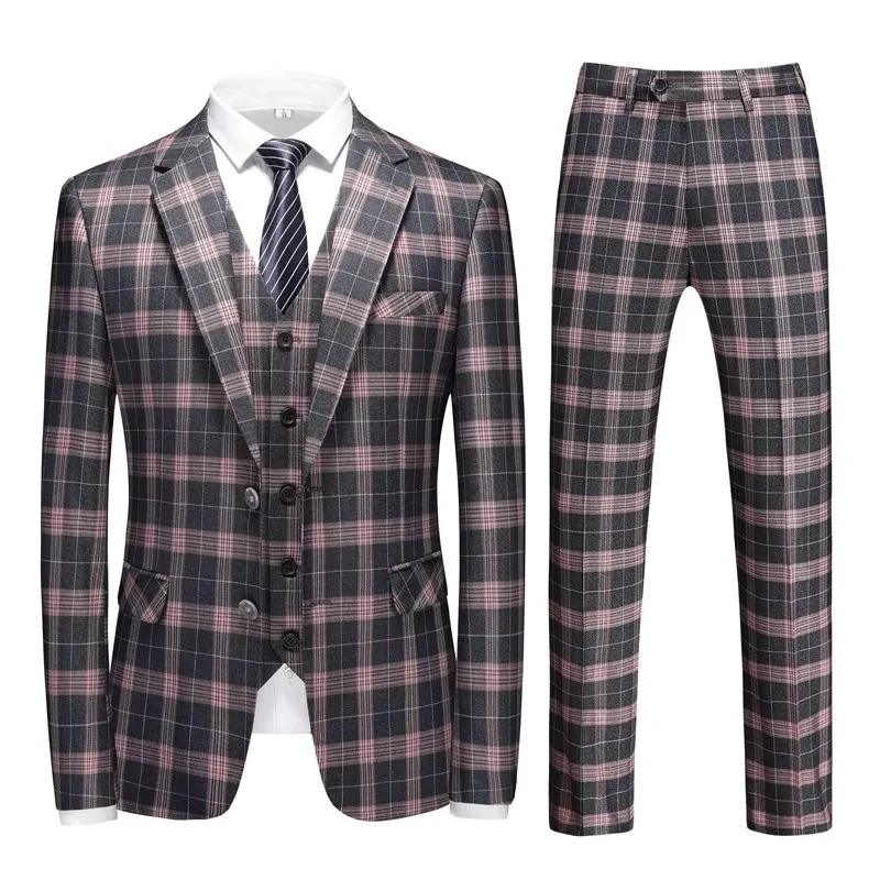 

T368 High-end crowd Blazer Vest Pants Boutique Fashion Plaid Formal Business Office Men's Suit Groom Wedding Dress Party Male Su