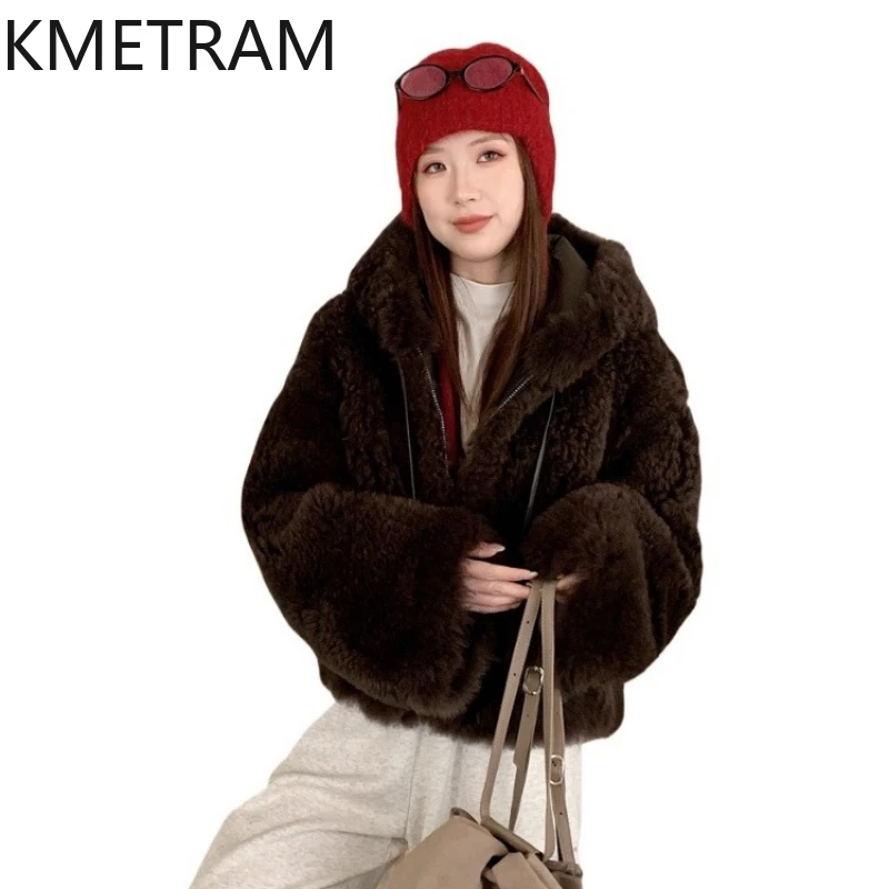 

KMETRAM Natural Tuscany Integrated Sheepskin Coat Woman Luxury Real Fur Jacket with Hood Women Clothing 2025 Winter Outerwears