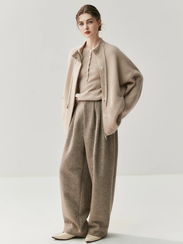 ADDONEE Damski Gruby Kardigan z Golfem Jesienno-Zimowy Sweter Płaszcz ze 100% Kaszmiru Luźny Rozpinany Kardigan z Kaszmiru na Zamek