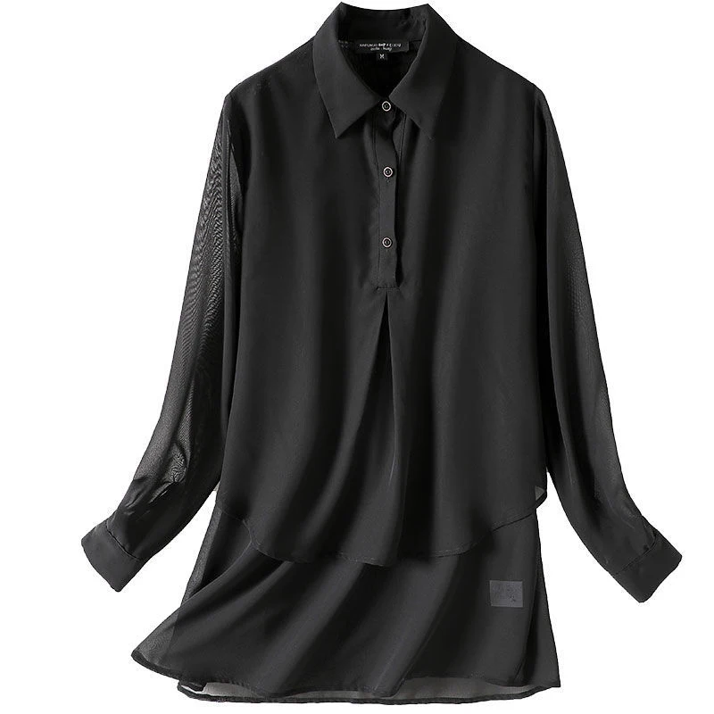 Spring Autumn Korean Style Black Elegant Fashion Double Layer Pullover Casual Chiffon Shirt Women Lapel Long Sleeve Blouse 5XL