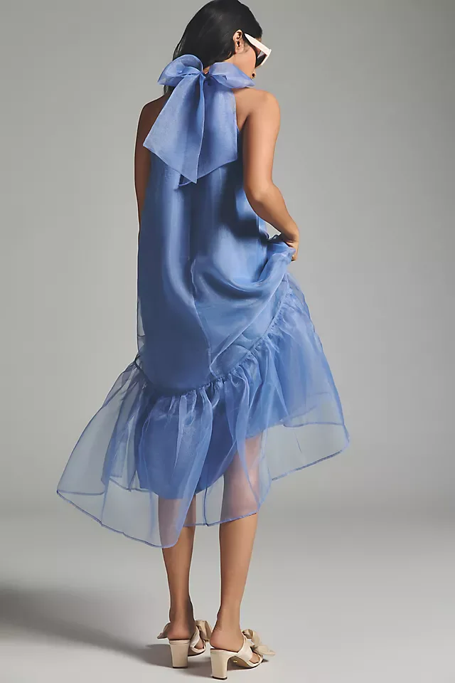 Fashion Dusty Blue Organza Mid Calf Women Dresses Halter Bow A-line Grils Summer Dress Date Party Dress