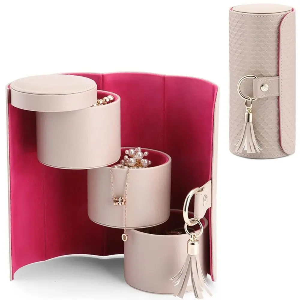 

Magnetic Closure 3-Tier Cylindrical Jewelry Organizer Faux Suede-Lined Interior Three-layer Design Jewelry Box Cylindrical Shape