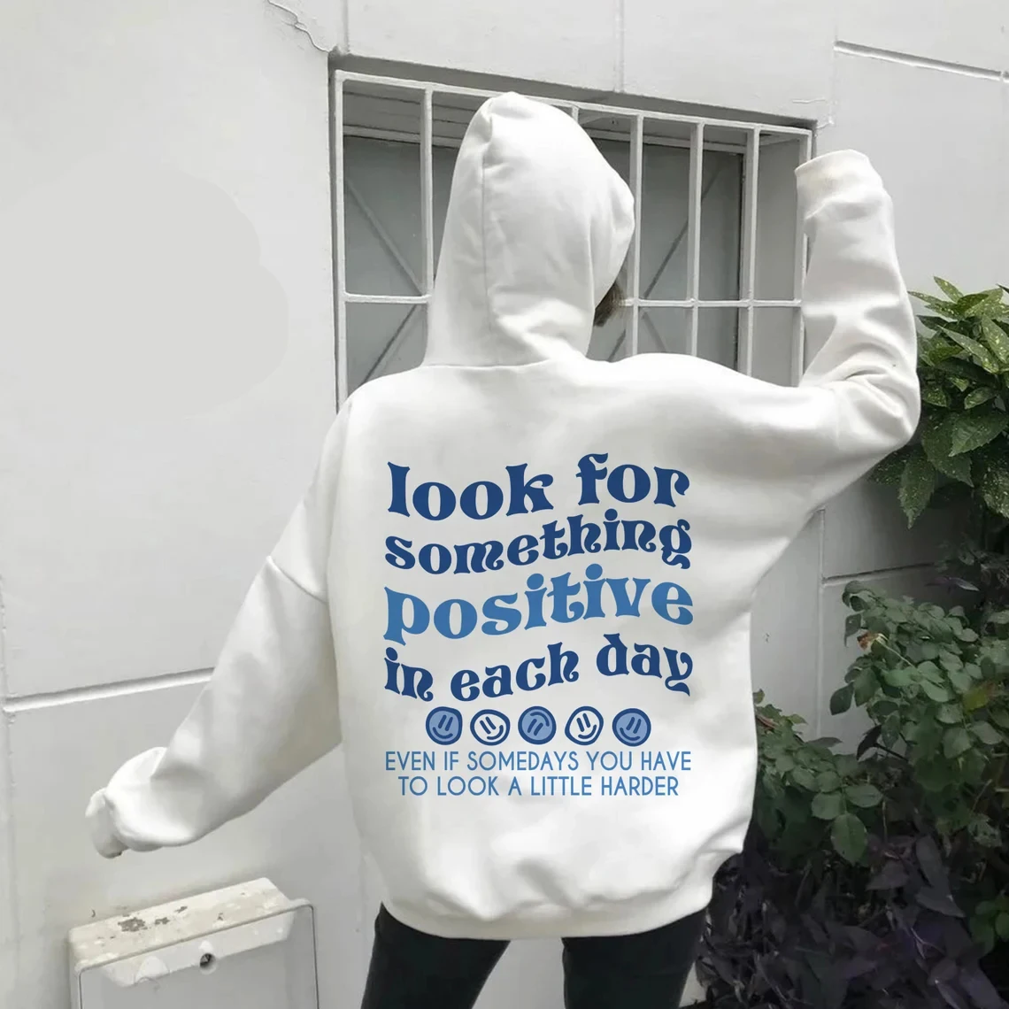 Look For Something Positive In Each Day Blue Print Women Hoodies All-Match Street For Unisex Autumn Pocket Sportswear Loose Tops