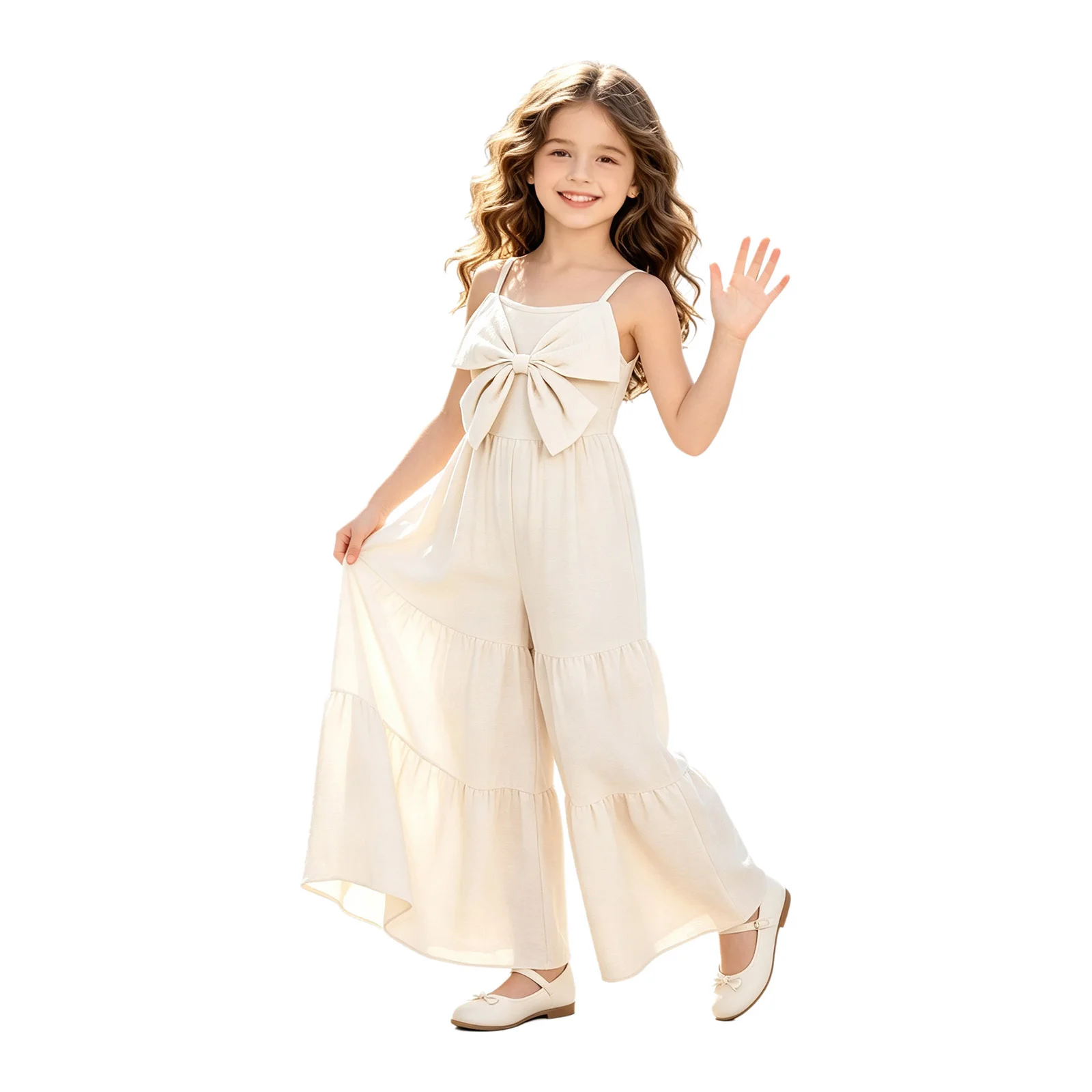 Kids Girls Bowknot Flared Jumpsuit Adjustable Spaghetti Straps Ruffle Wide Leg Rompers Beach Vacation Holiday Teen Bodysuit