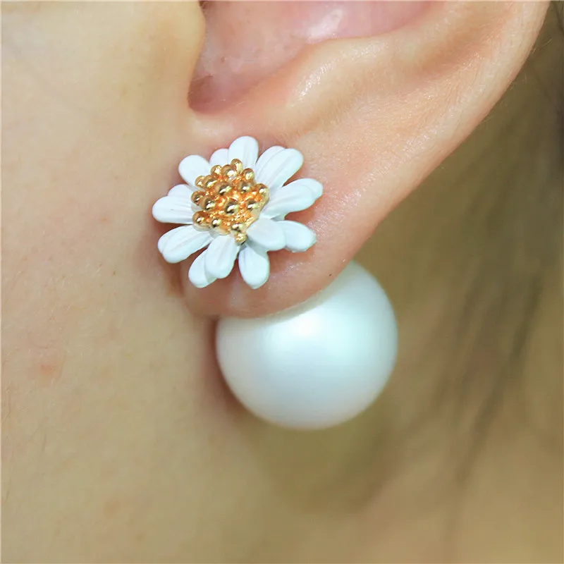 Korean Fashion Jewelry Little Daisy Colorful Front and Back Double-sided Bead Earrings for Women  Temperament Girly Accessories