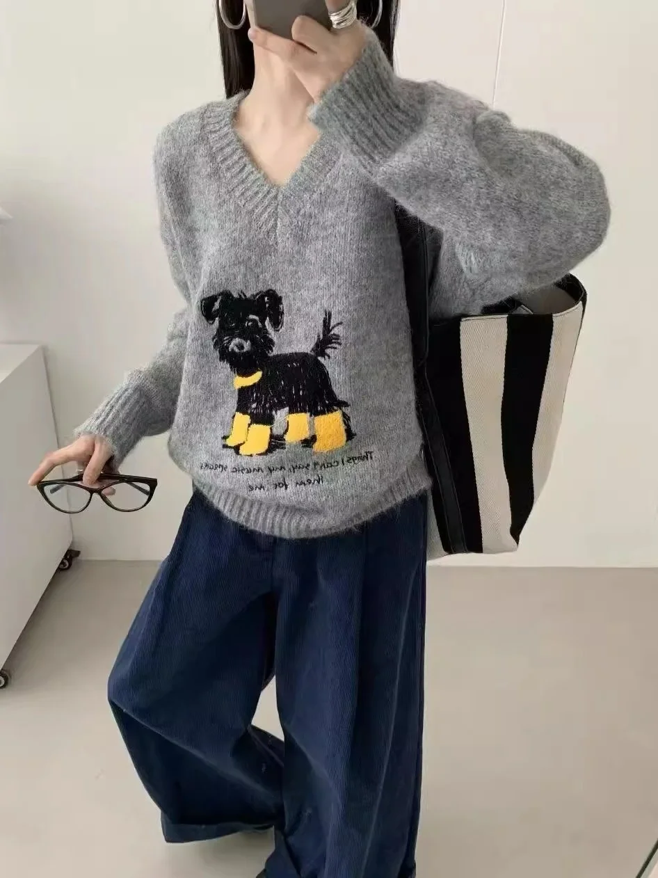 

Женский вязаный джемпер Lazy Sle в корейском стиле для ранней осени с вышивкой мультяшной собаки, мягкий, с V-образным вырезом, длинными рукавами, утепленный