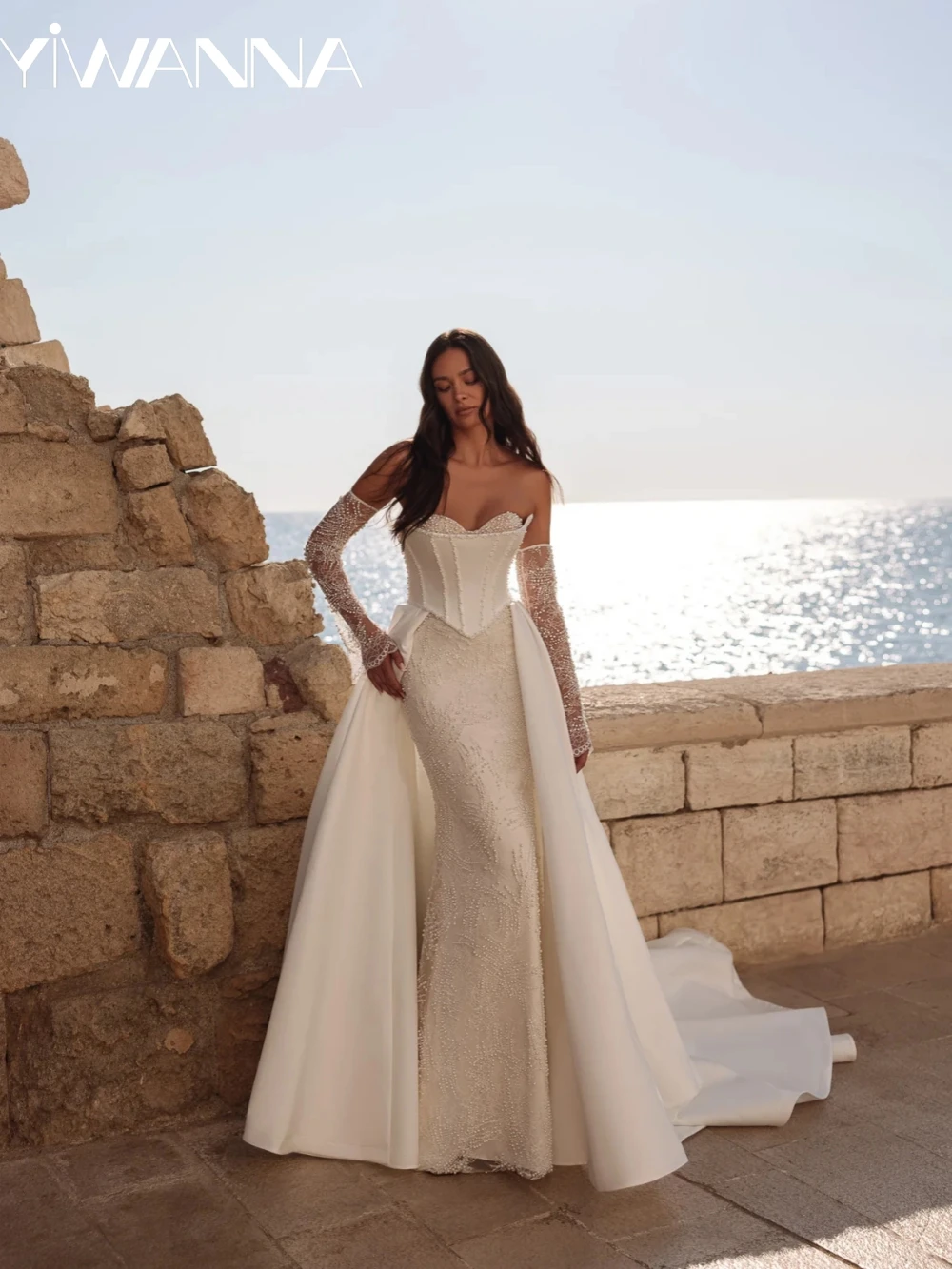 

Detachable Satin Train Pearls Lace Long Wedding Dress With Corset Sweetheart Neck Bridal Gown New Customized Dresses For Bride