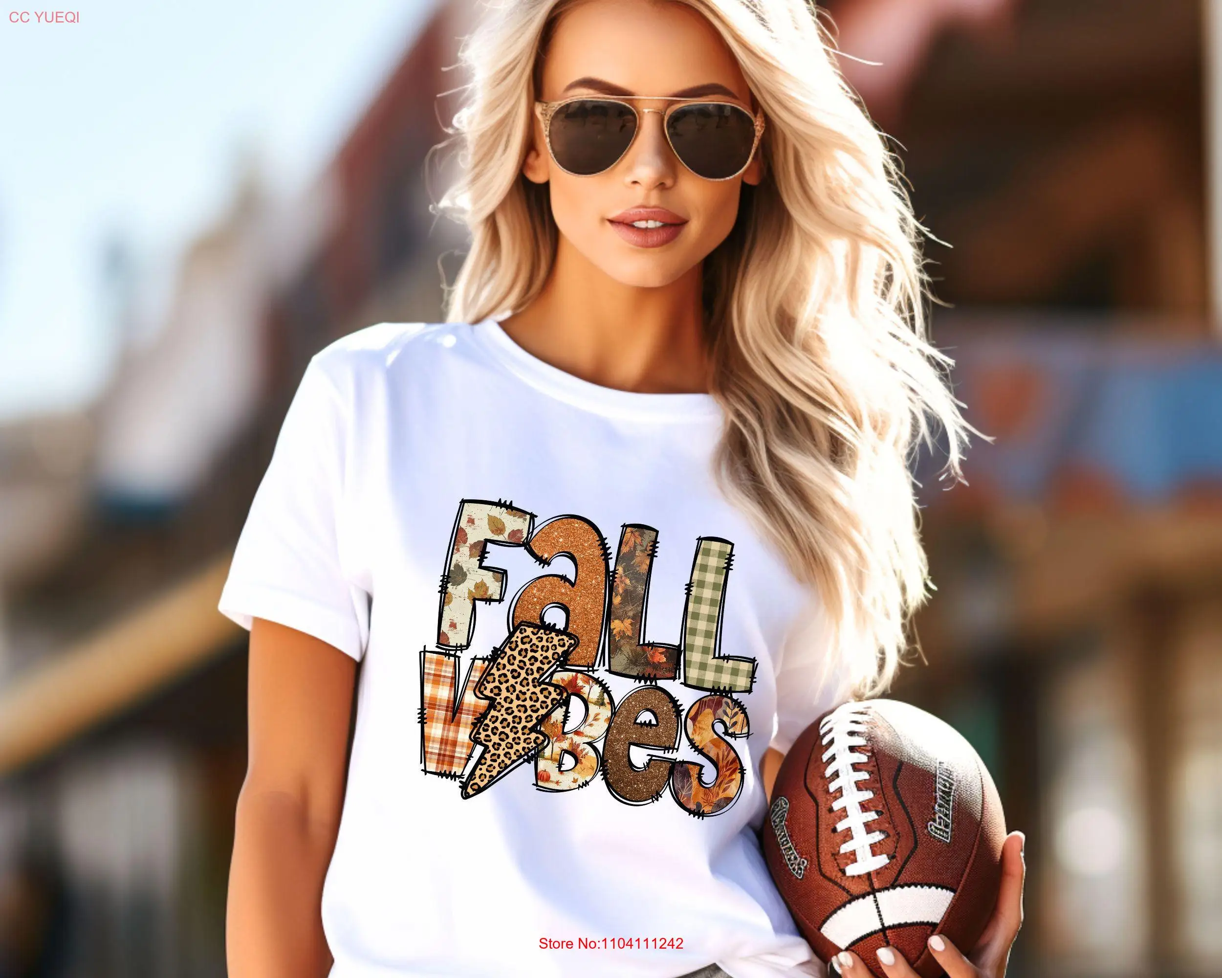 تي شيرت Fall Vibes تي شيرت Leopard عصري بأوراق الشكر وأكمام طويلة أو قصيرة