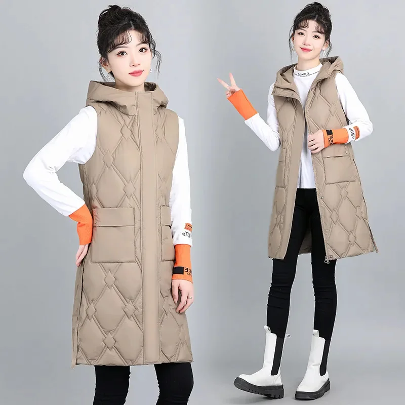 Novo outono inverno feminino para baixo colete de algodão jaqueta nova com capuz meados longo sem mangas jaqueta feminina casual topos chaleco mujer