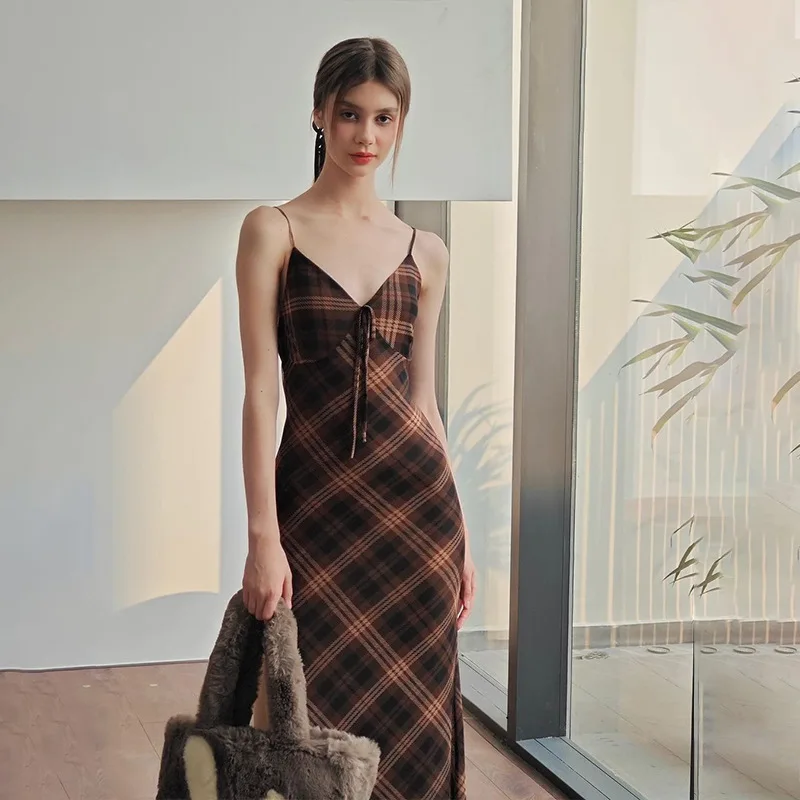 

Summer New Fashion Retro Plaid Pure Desire Lady Stylish Slim Fit Strap Dress Women's Gown Elegant Classy Trendy Vestidos