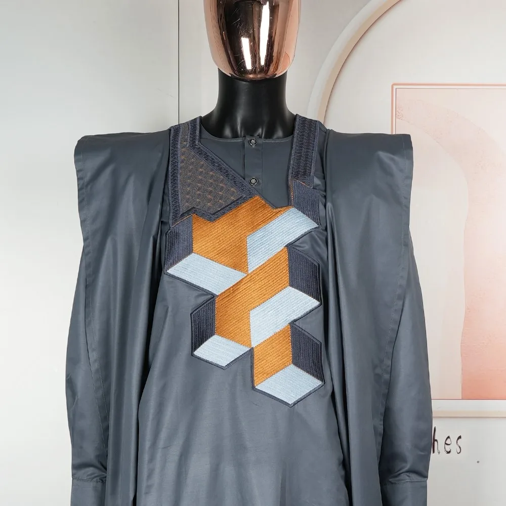 H&D South African Traditional Wear Formal Attire Bazin Riche Dashiki Gray Shirt Pants Robe Suit Agbada Men\'s wedding party 2024