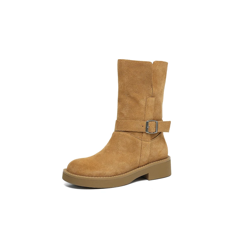 2026 New Women's Natural Suede Leather Ankle Buckle Round Toe Slip-on Autumn Ankle Boots Fold Casual This Sole Short Booties