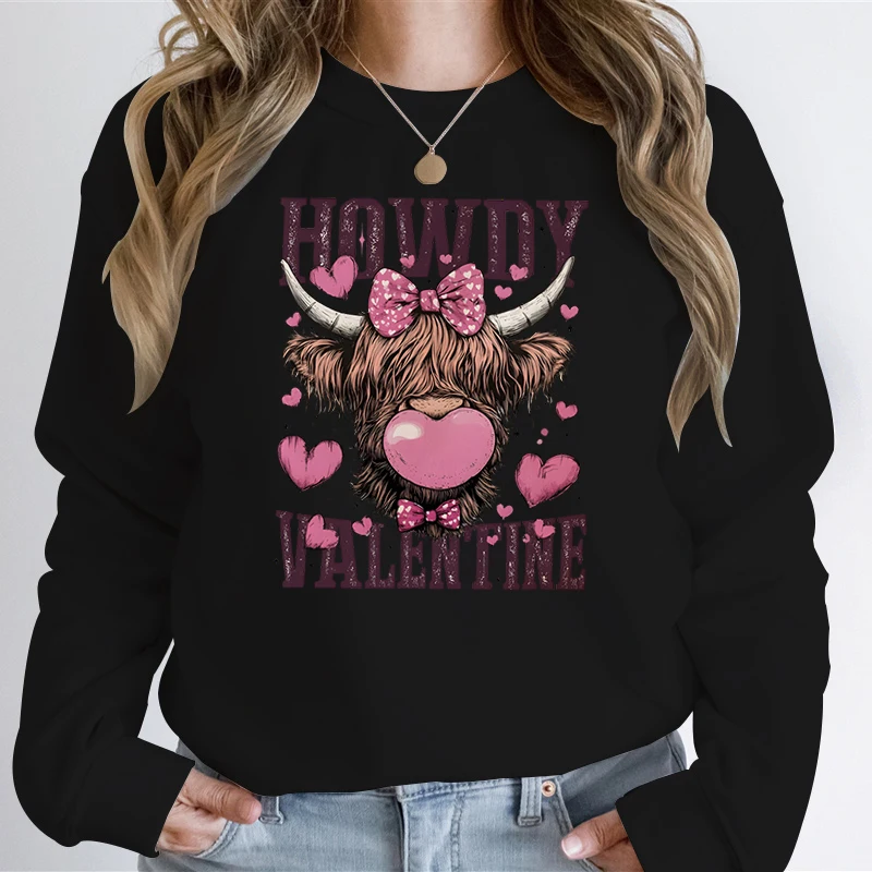 Womens Valentines Day Sweatshirts Retro Cow Howdy Valentine Print Women Fashion Hoodies Cute Gift for Her Love Valentine Sweater