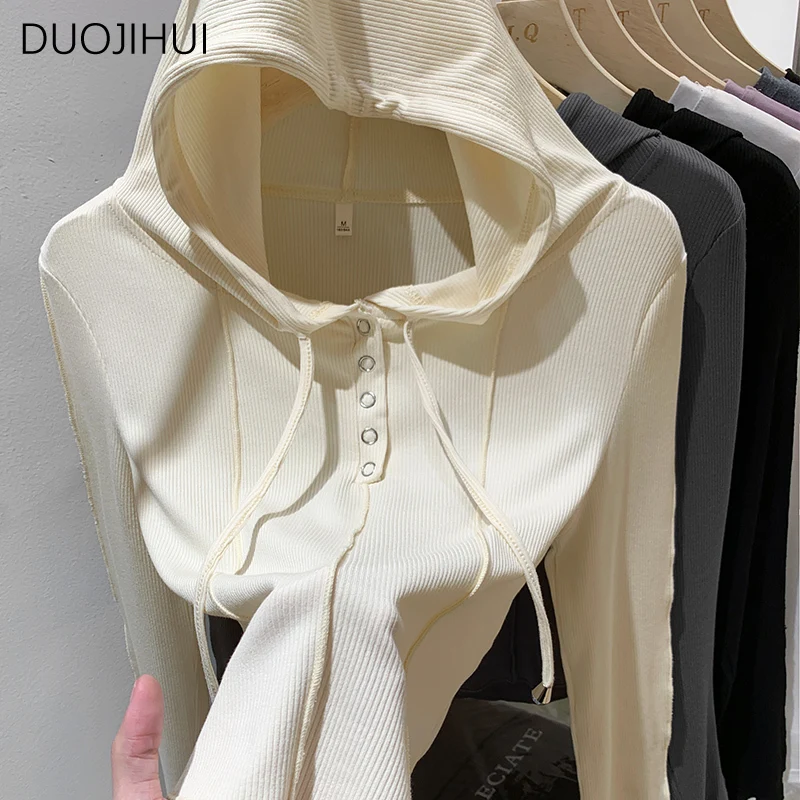 DUOJIHUI Classic Hooded Basic manica lunga t-shirt donna autunno American Chicly coulisse Fashion Button semplici t-shirt femminili