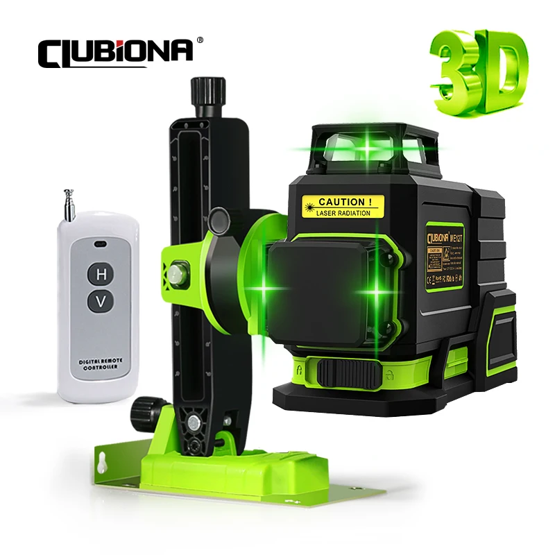 CLUBIONA ME12T 3D 12 Lines New ABS Plastic and Rubber Shell Green Laser Level 360 with Remote Control and 5200mah Li-ion Battery