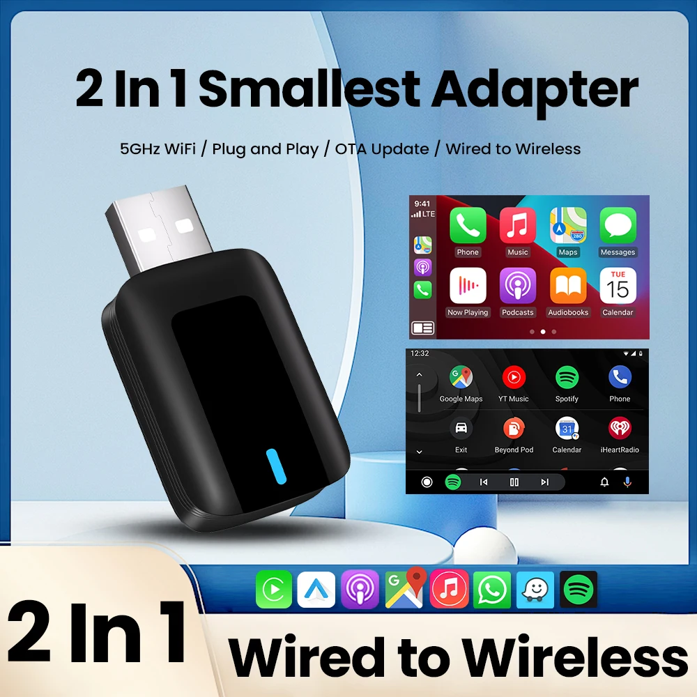 Wired to Wireless CarPlay and Android Auto 2in1 Mini Dongle 5GHz WiFi Plug and Play Bluetooth For VW Toyota Buick Lexus Kia Jeep