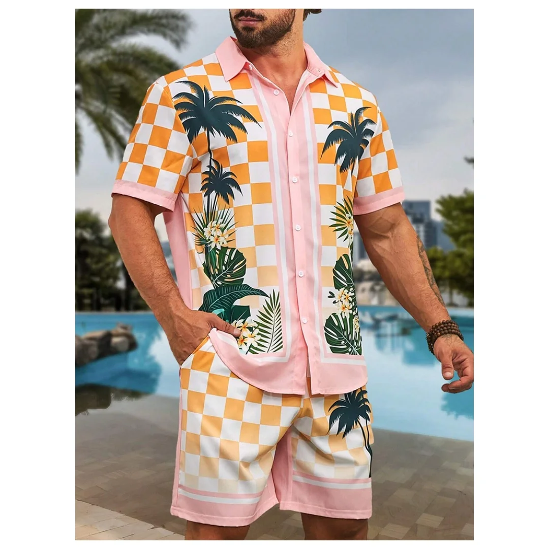 2026 New Summer Men's Vacation Set Monogram Print Solid Color Shirt Short Sleeve Shorts 2-Piece Loose Men's Fashion Leisure Set