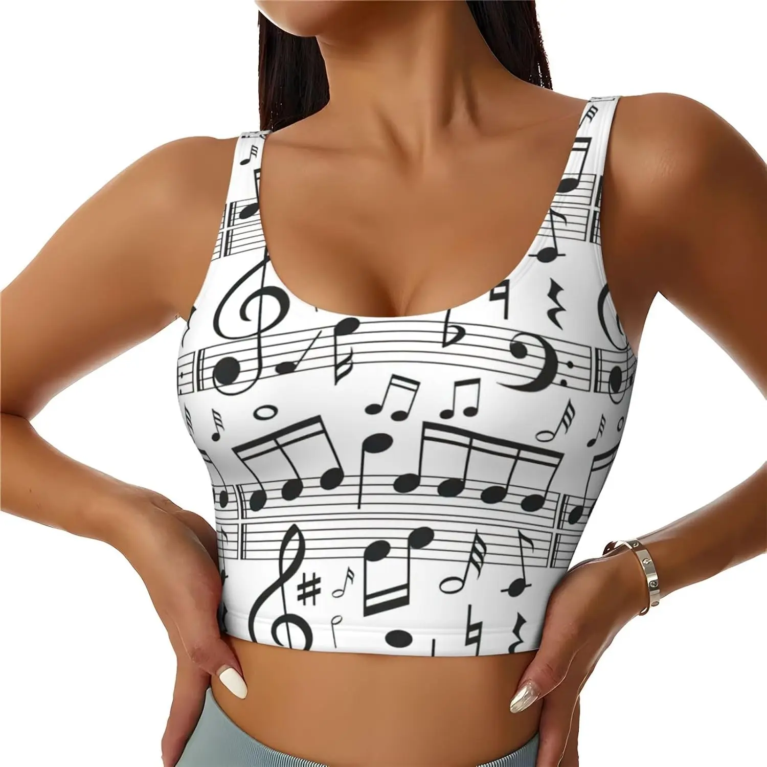 Music Note Print Women'S Strappy Sports Bra Stretch Gym Bras U Neck Yoga Tops Comfort Seamless Bra