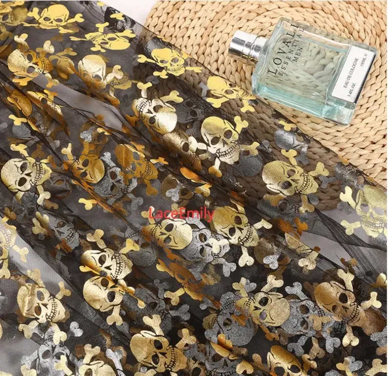 Gold skull pattern lace fabric skull black Mesh Tulle Fabric for Halloween, Easter, cosplay performance costume fabrics