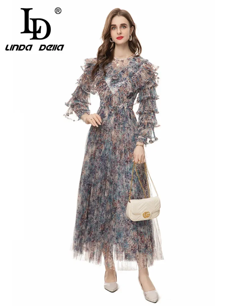 LD LINDA DELLA Summer Runway Temperament Vacation Dress Women's Small Floral Print Net Yarn Cascading Ruffle Long Dresses