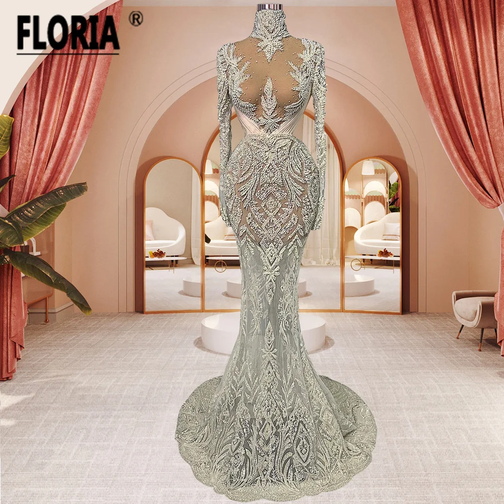 Luxury Mermaid Lace Beadings Formal Party Dress Beaded Appliques Long Sleeves Evening Gowns Arabic Dubai Prom Robe De Soiree