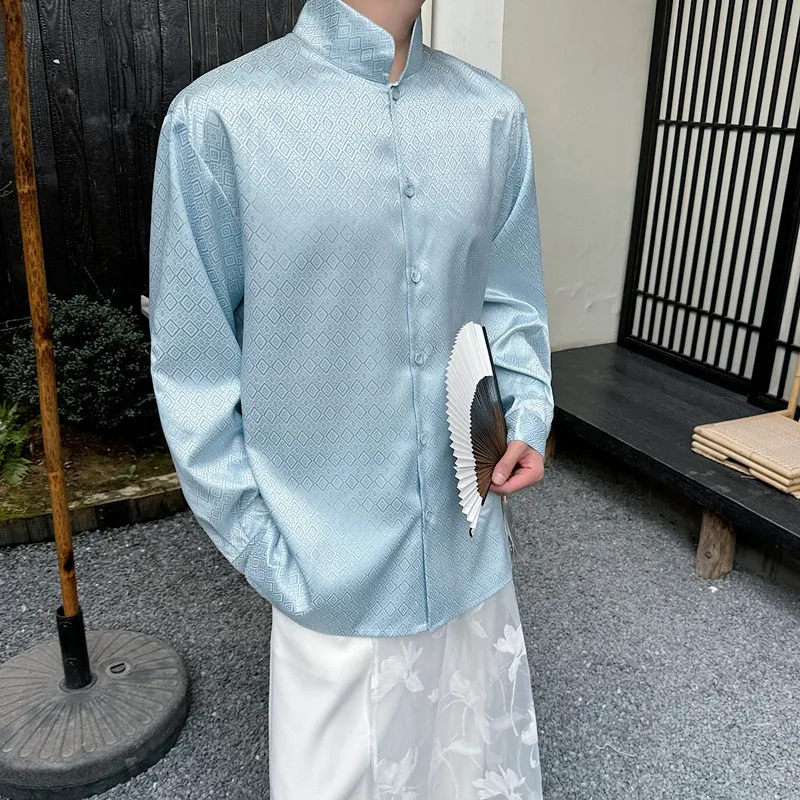 

Синяя мужская рубашка с длинными рукавами и воротником-стойкой, с ромбовидным узором, в китайском стиле, молодежная модная свободная рубашка, универсальная верхняя одежда на все времена года