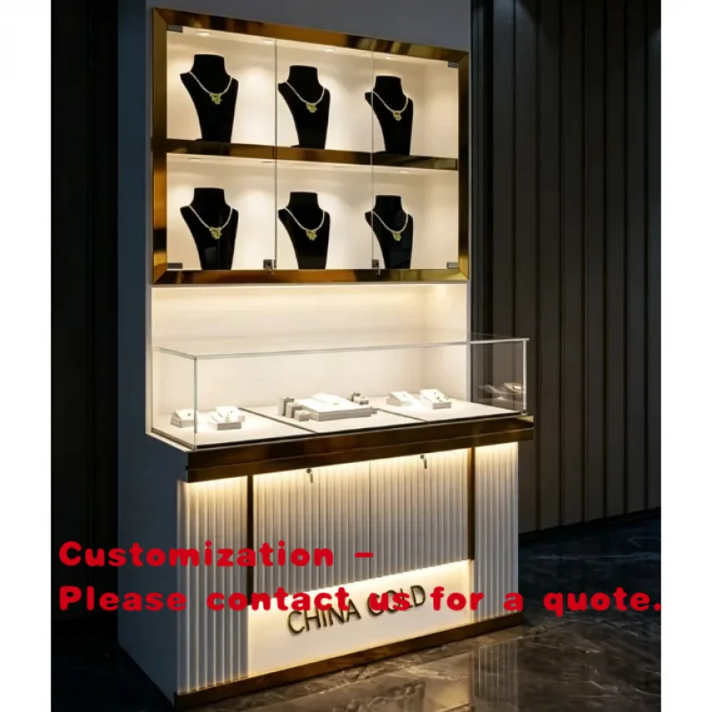 

custom.Commercial Jewelry Display Stand Multi-Layer Glass Door Stainless Steel Brass Wood Construction LED Lighting Retail Store