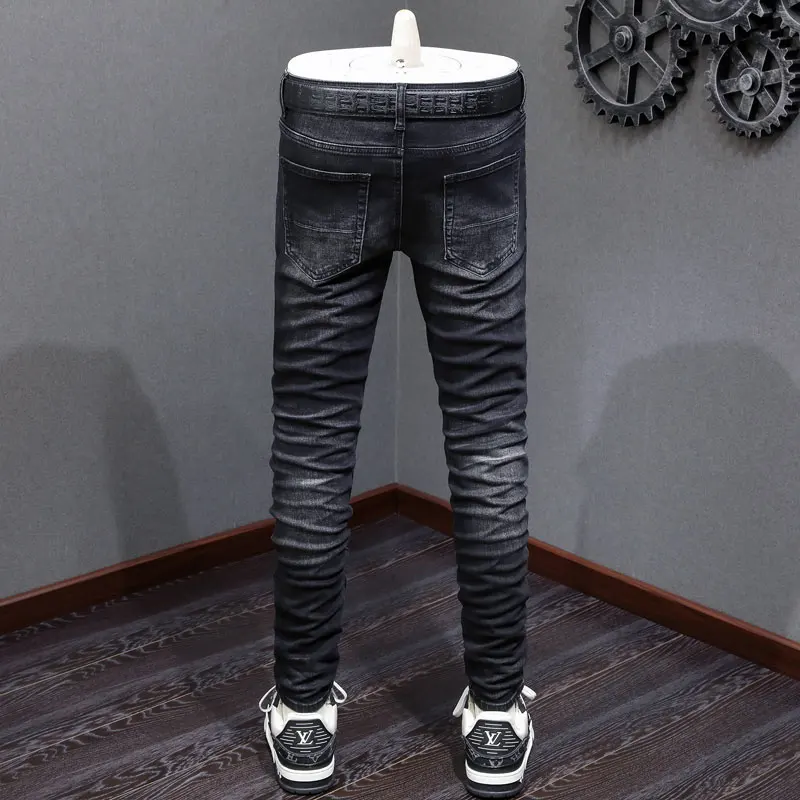 Y2k designer's fashionable new men's jeans, washed, nostalgic, slim fit, perforated, red patch, black jeans, high street trendy