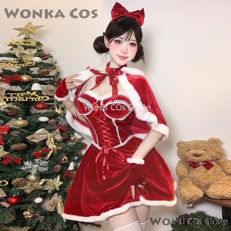 2024 Christmas Female Santa Claus Series Costume Xmas Party Snow Elk Girl Red Dress Cloak Rope Unifrom Sexy Pajamas Cosplay