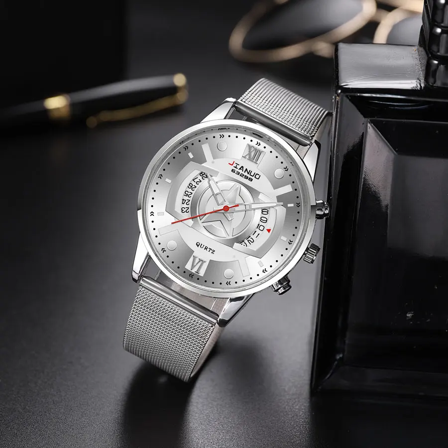 

Лидер продаж, мужские часы в Корейском стиле с сетчатым ремешком и календарем, индивидуальные повседневные мужские кварцевые часы с сетчатым ремешком и подсветкой